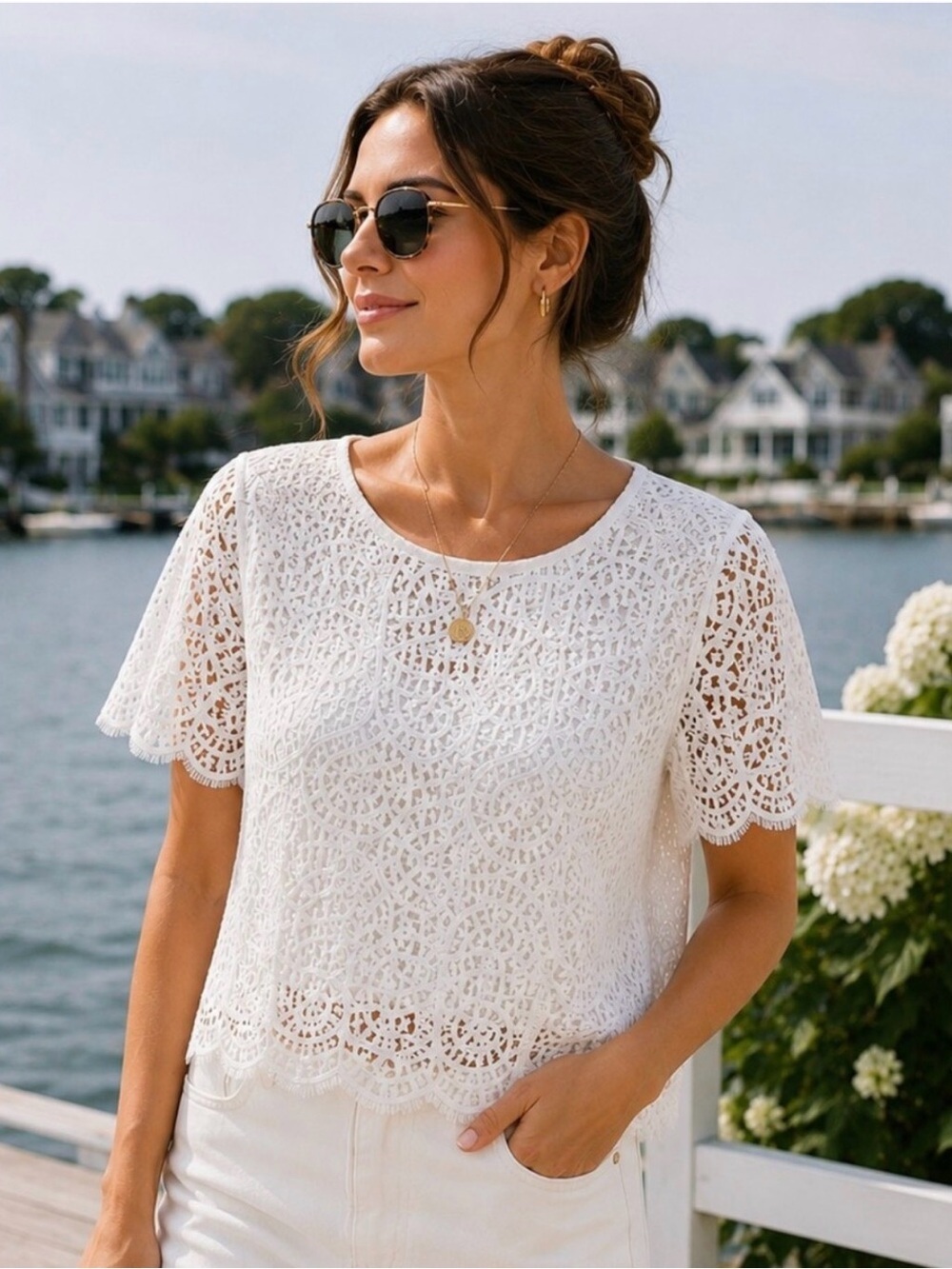 Philosophy White Crochet Lace Short Sleeve Top Size Large